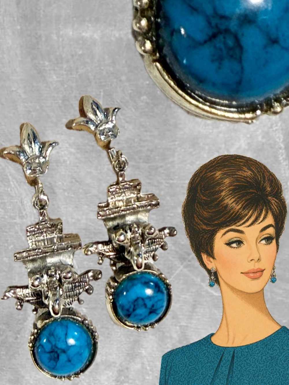 VINTAGE MCM gothic revival earrings‎ clip on estate jewelry turquoise silver 60s